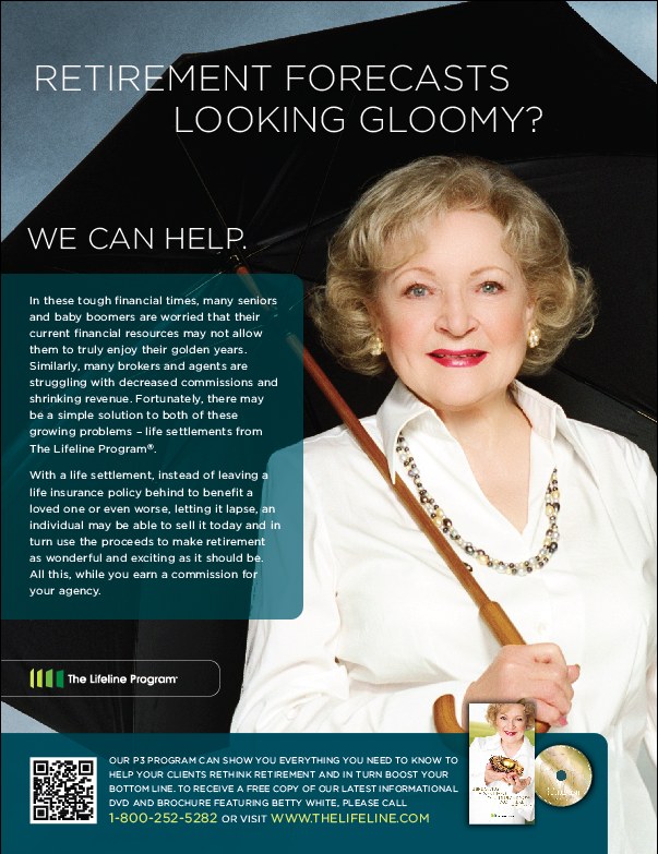 The Lifeline Program print advertisement featuring Betty White — 'Retirement forecasts looking gloomy? We can help.'