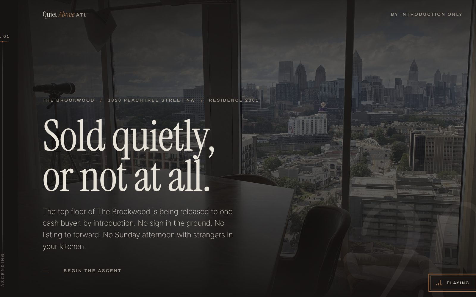 QuietAboveATL.com &mdash; the residence hero, with the ascent rail at left