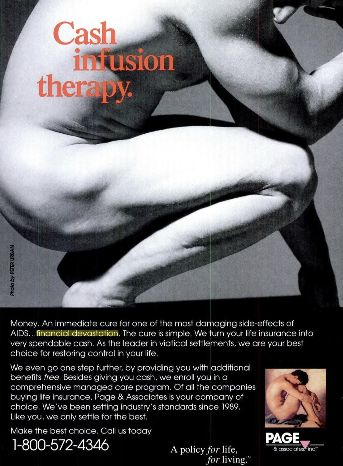 The 1996 Page & Associates print ad: a black-and-white photograph of a muscular seated nude fills the page above an oversized red headline reading Cash infusion therapy, with body copy on a black field, the Flandrin painting reduced to a small colour inset beside the Page & Associates logo, the line A policy for life, for living, and the number 1-800-572-4346.