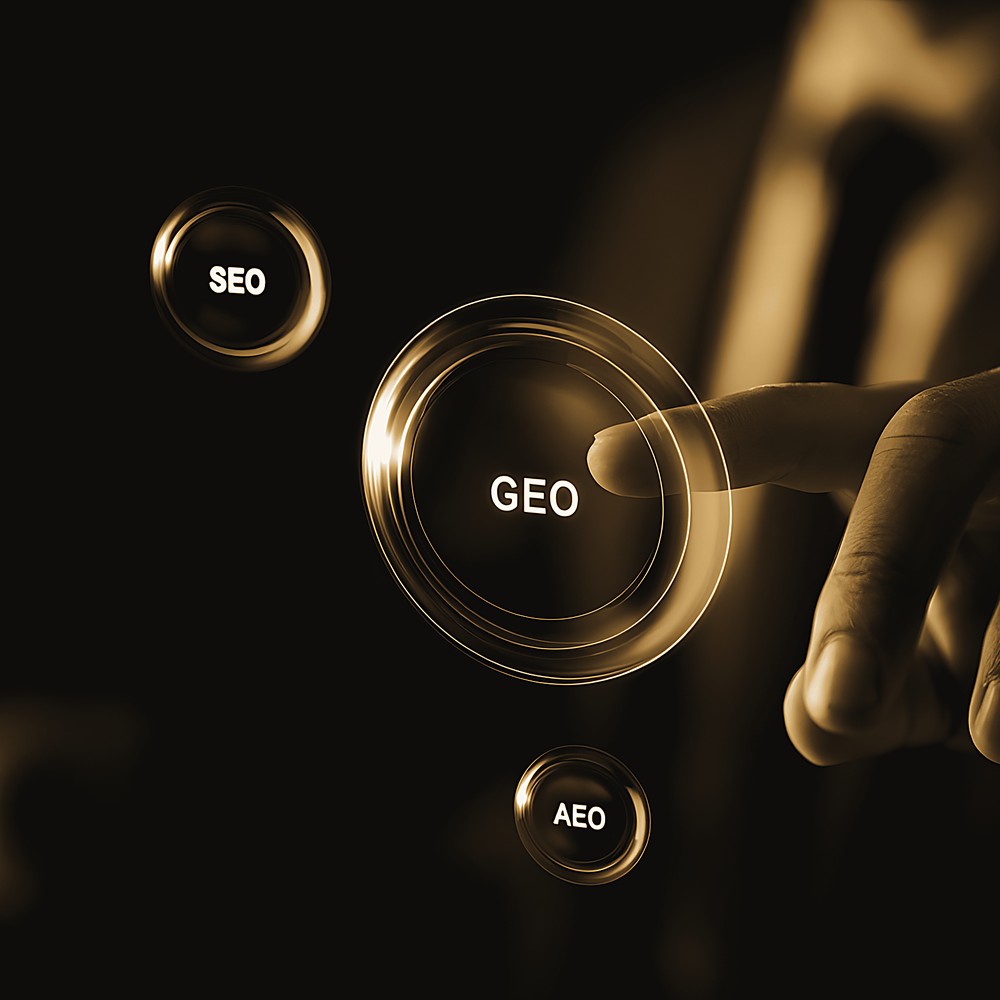 A hand pressing a glowing GEO button beside smaller SEO and AEO buttons, in black and gold